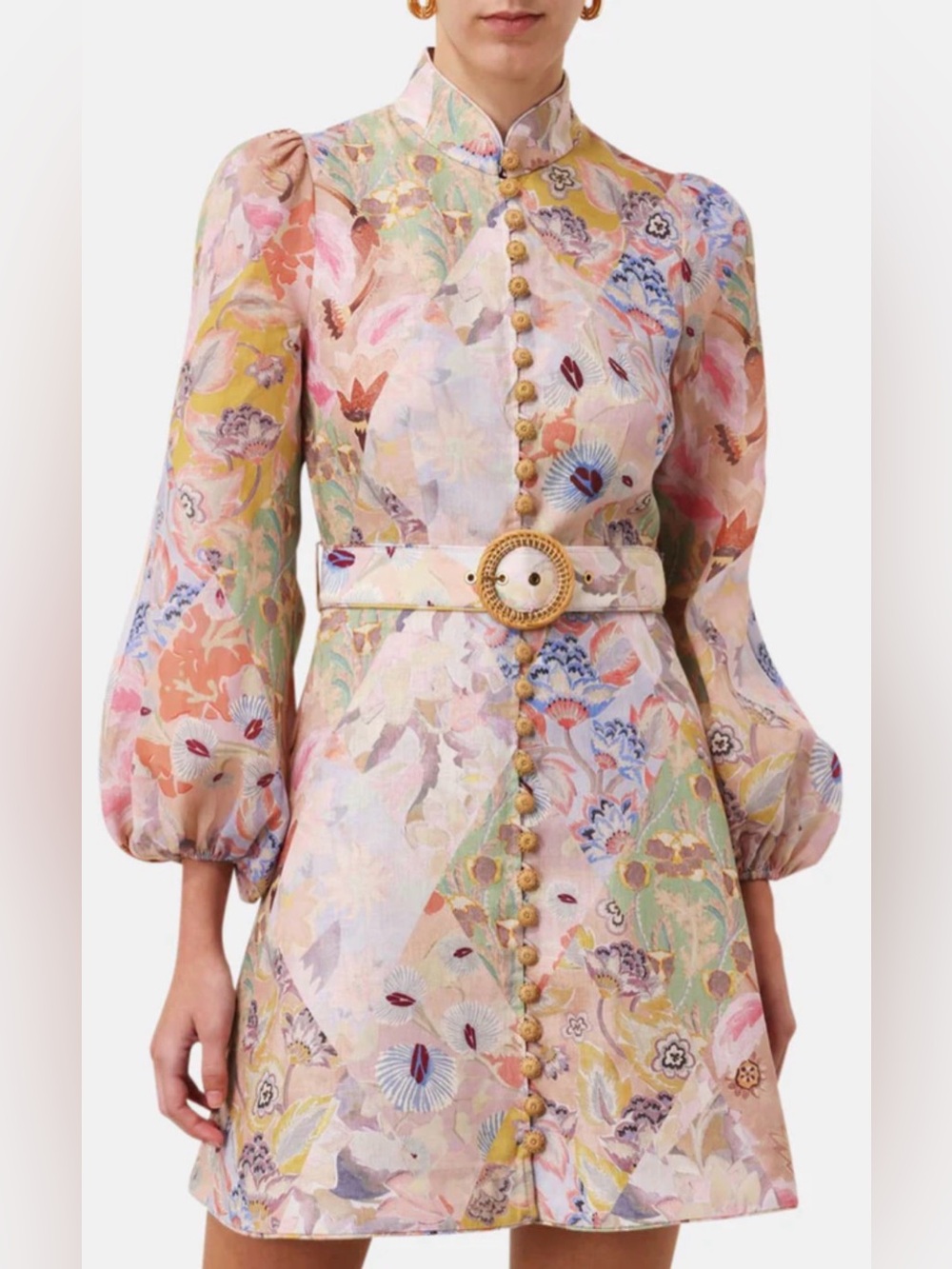 NWOT $950 Zimmermann Illustration Buttoned Belted Floral Linen Mini Dress Size 0